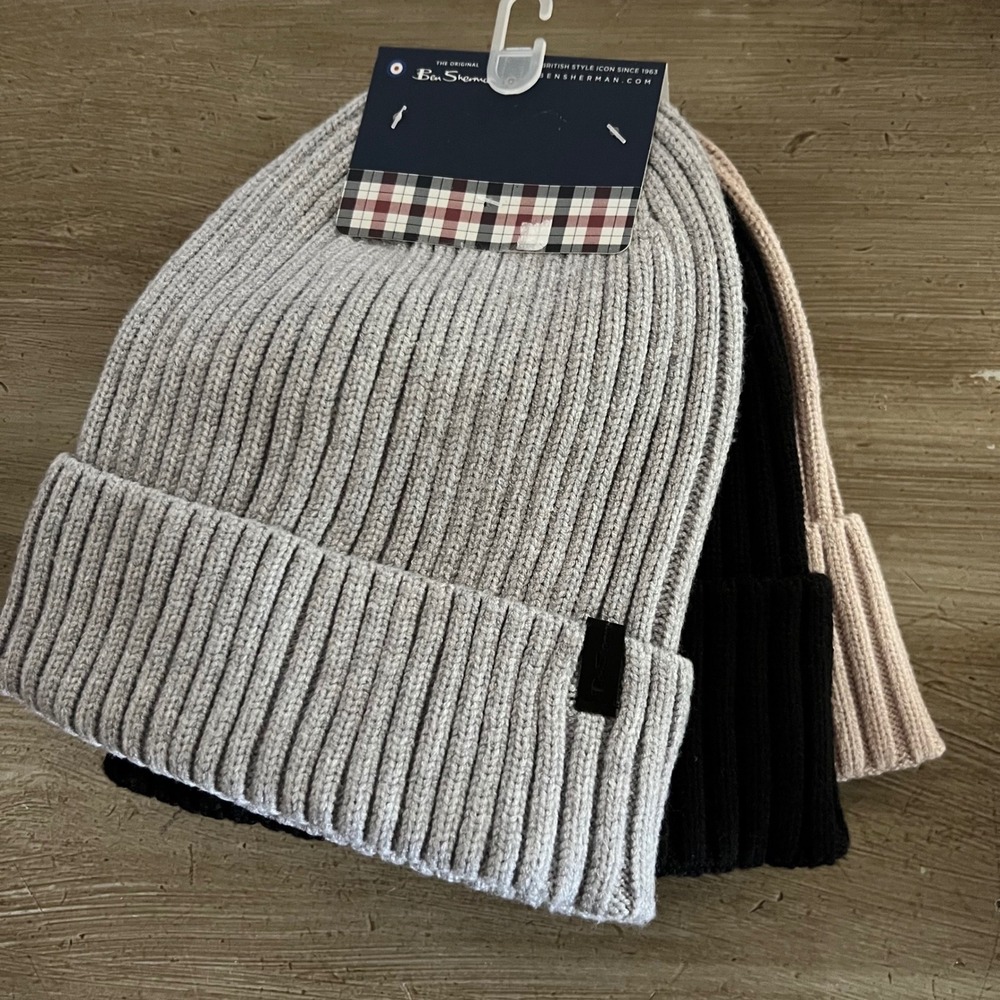NEW Ben Sherman Mens 3 Pack Ribbed Knit Cuffed Beanie Hats Black Grey Tan Skater